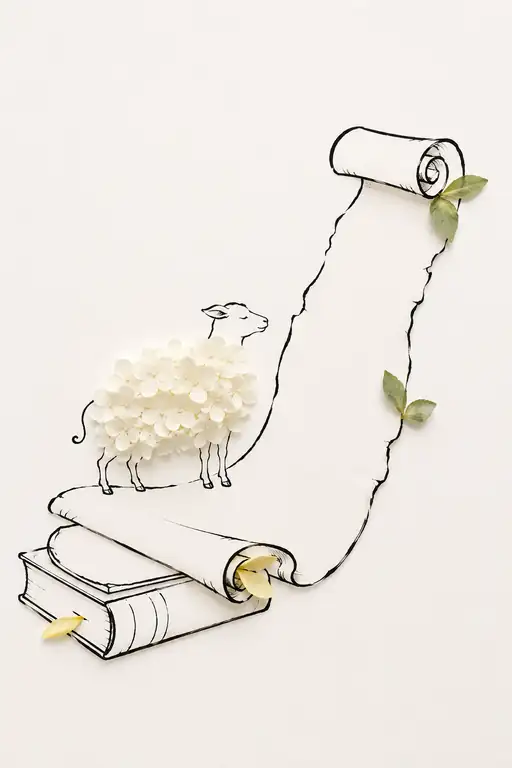 巻物の坂を登る小さな花の羊