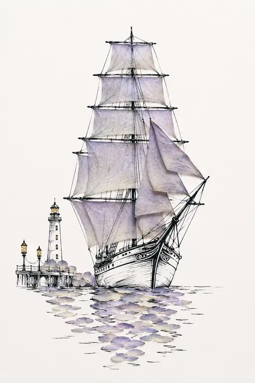 Tall Ship Sailing on Pale Hydrangea Canvas