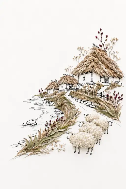 Pastoral Village with Thatched Roofs and Blossom Sheep