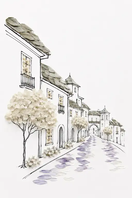 Old Town Cobblestones Paved with Violet Petals