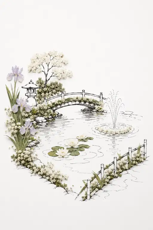 Classic Garden Pond Adorned with Irises and Water Lilies