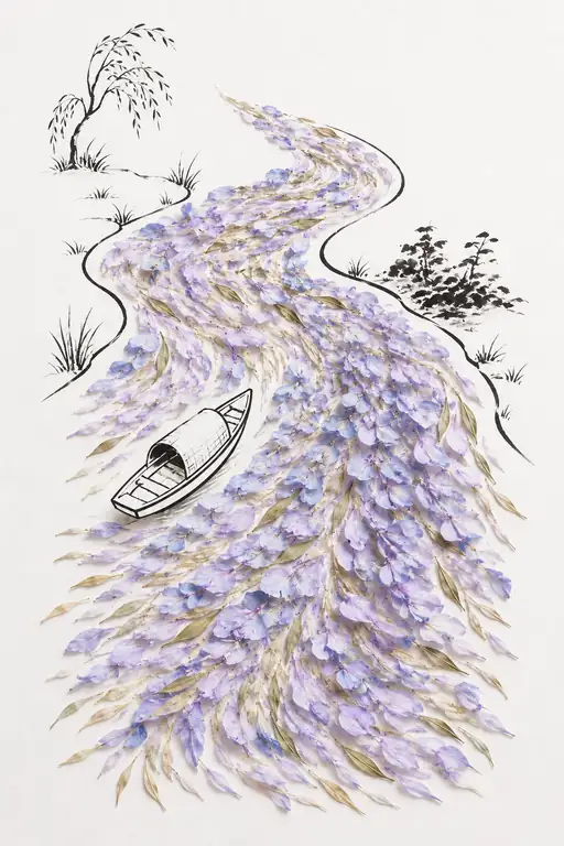 Riverboat Drifting Along Violet Waters Under Willows