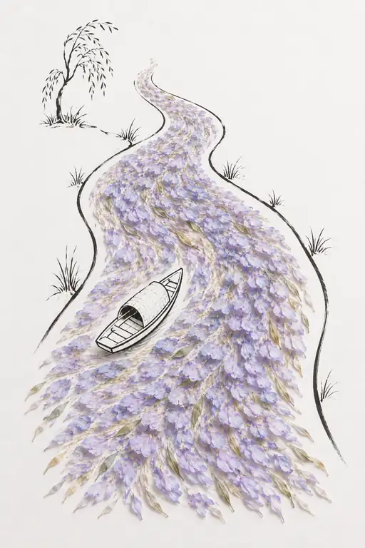紫陽花の小川を下る静寂の舟