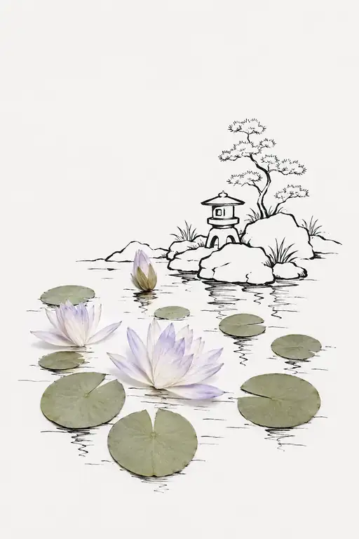 Water Lilies Glistening Beside the Garden Lantern