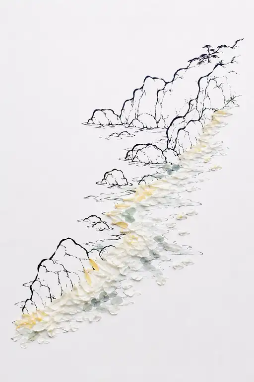 Shoreline of White Petal Froth Along Ink Cliffs