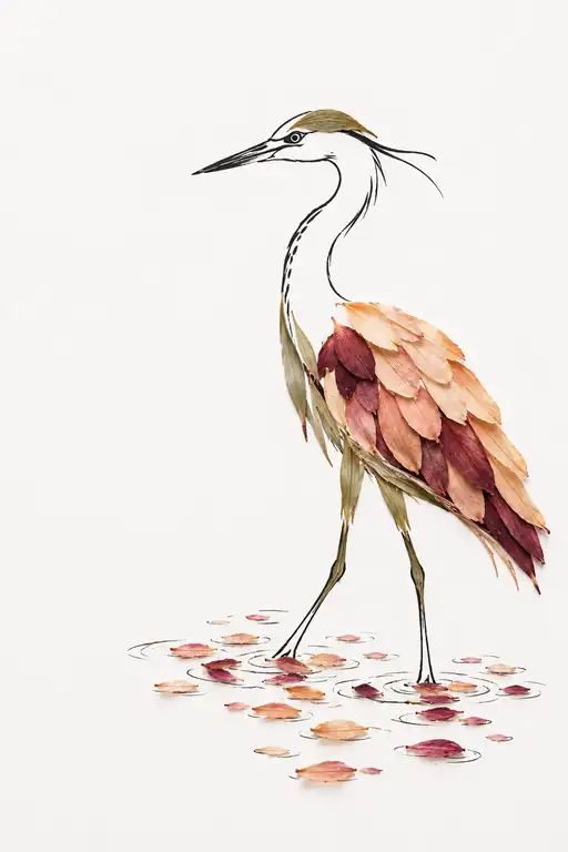 Solitary Heron Standing in Petal Ripple Waters