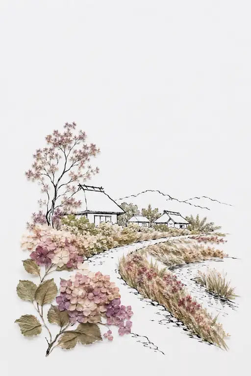 Hydrangeas in Bloom Beside the Thatched Farmstead