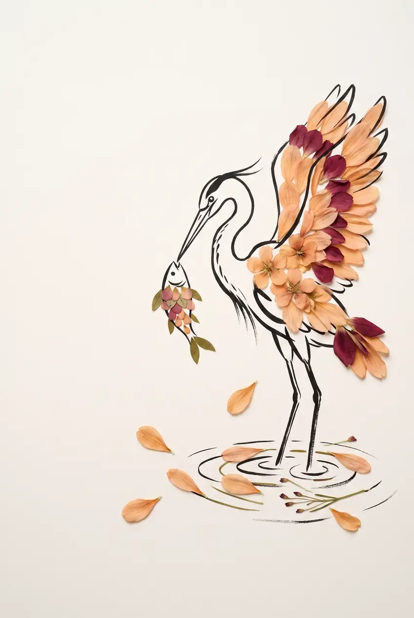 Heron with Petal Wings at the Water's Edge