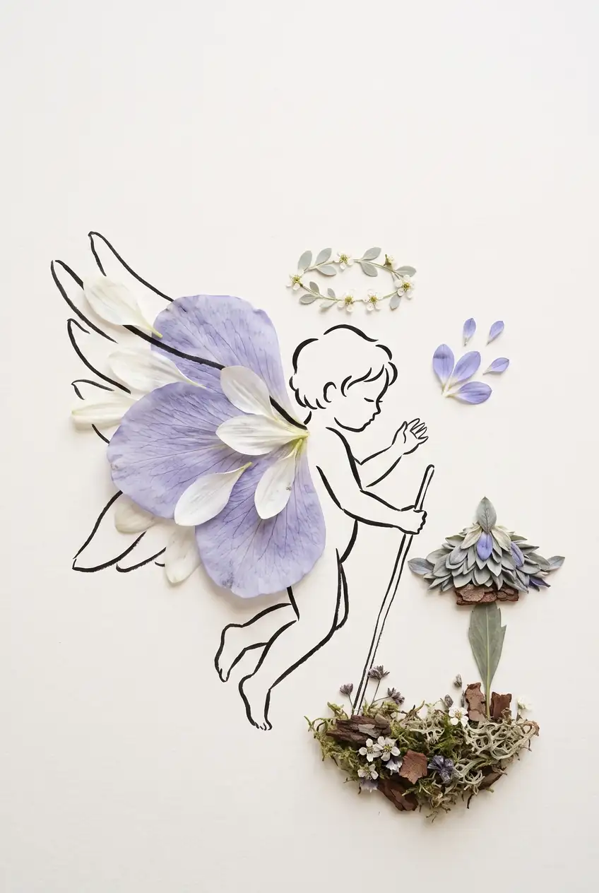 Cherub Descending with Wings of Lavender Petals