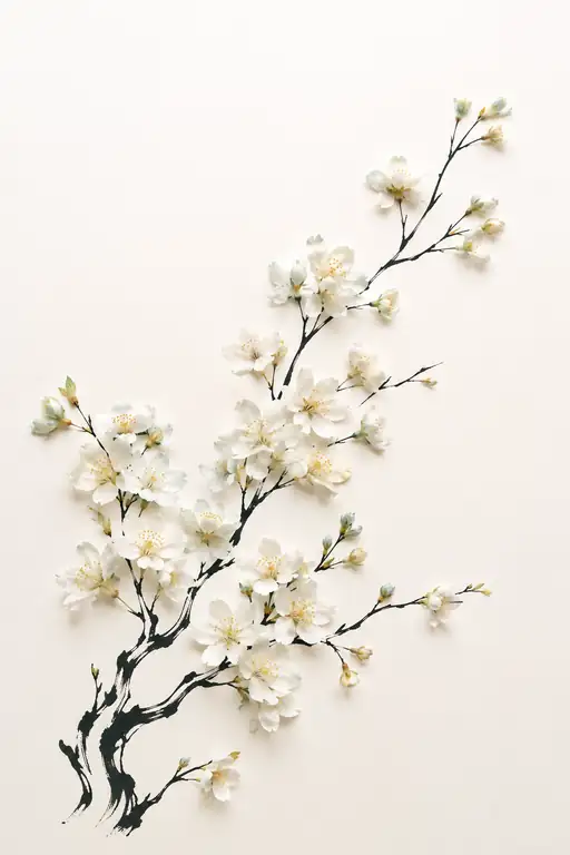 凛とした墨枝に満ちる無垢なる白花