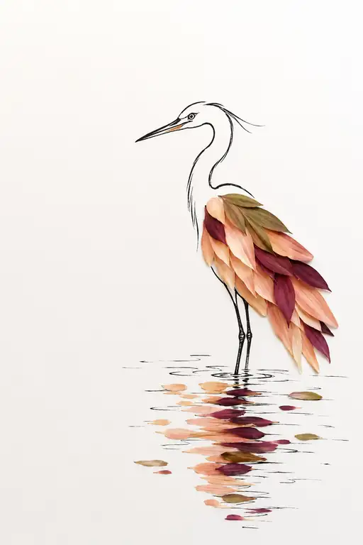 Heron of Floral Plumage Reflected in Still Waters