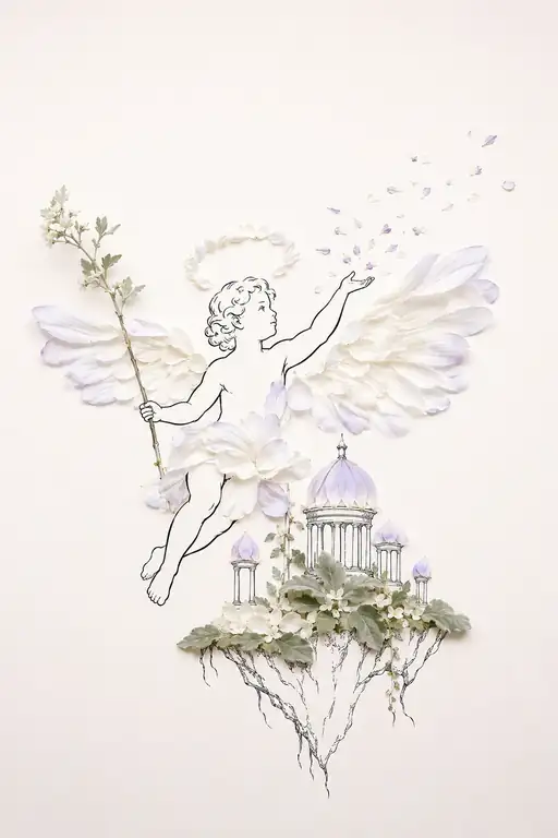 Angel of Pure Petals Descending upon the Floating Sanctuary