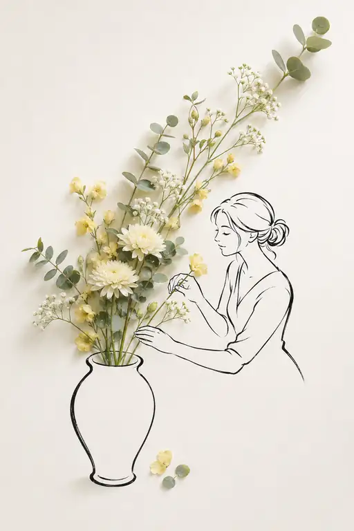 Quiet Moment Arranging Blossoms by the Window