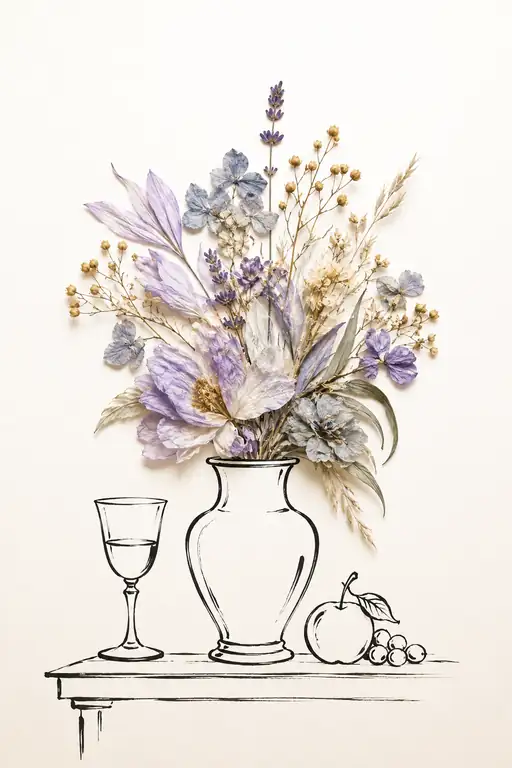 Lavender Bouquet Beside Wine and Apples