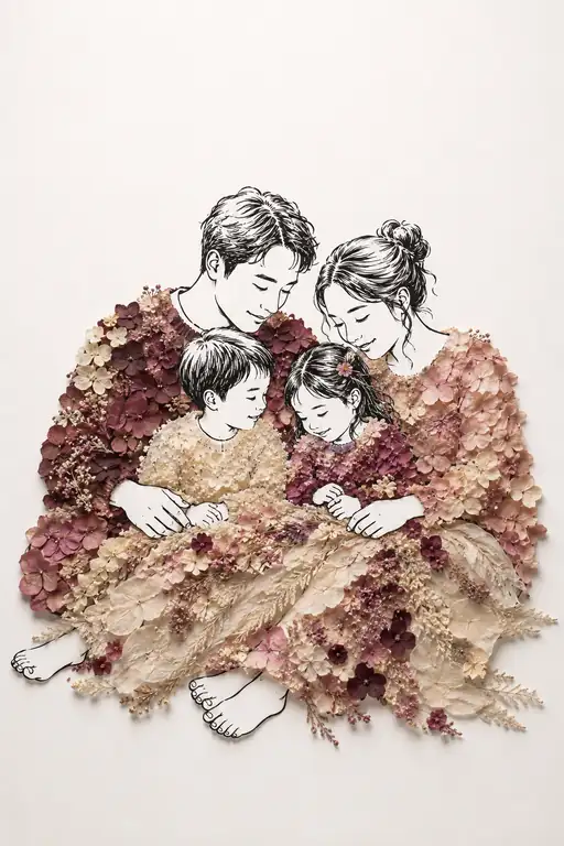 Family Embraced in Flowered Warmth