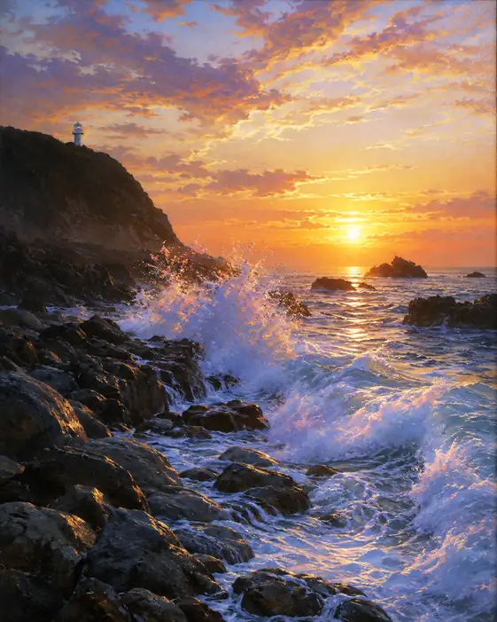 Lighthouse Watching Ocean Spray Under a Dawn Sky