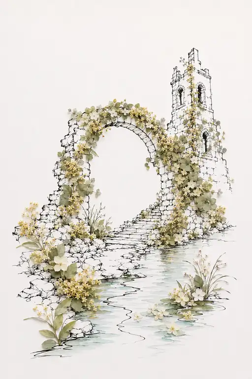 Blossom-Adorned Arch in the Ancient Ruins