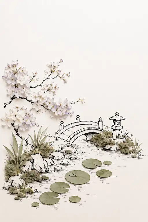 桜咲く反り橋と睡蓮の池