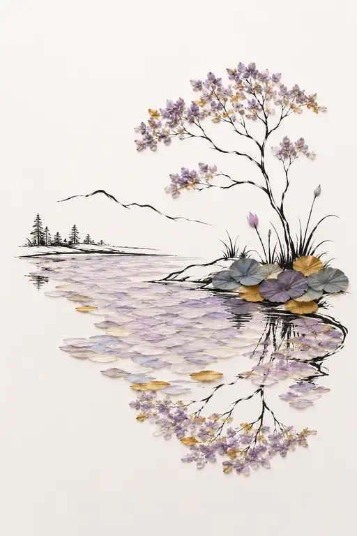 Violet Blossoms Reflected on the Mirror Lake