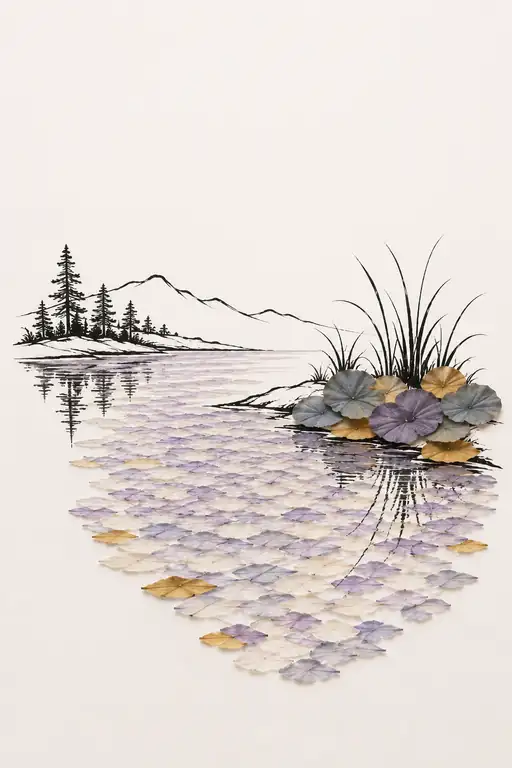 Purple Petals Drifting on Mirror Lake