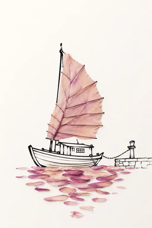 Moored Sailboat with a Rose Leaf Sail
