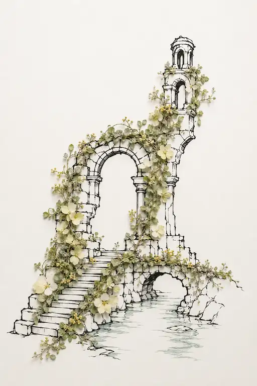 Ancient Arch and Bell Tower by the Stream