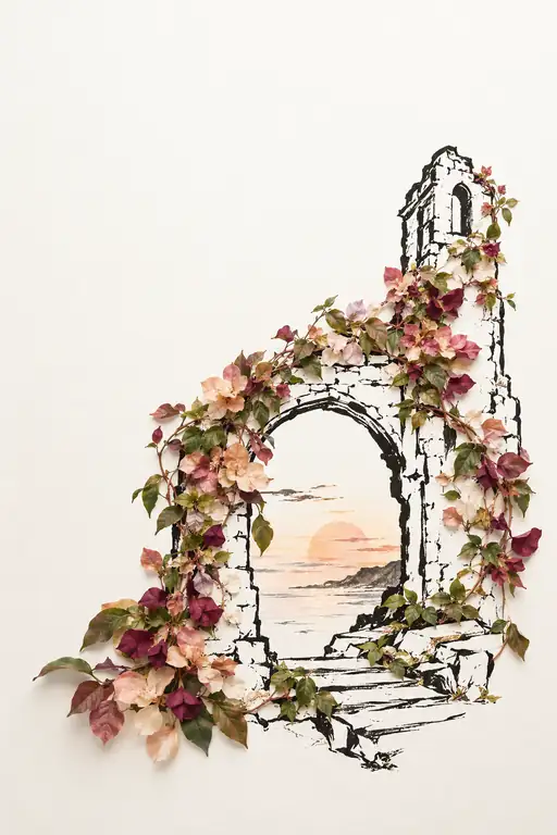 Sunset Glow Through Vine-Covered Ruin