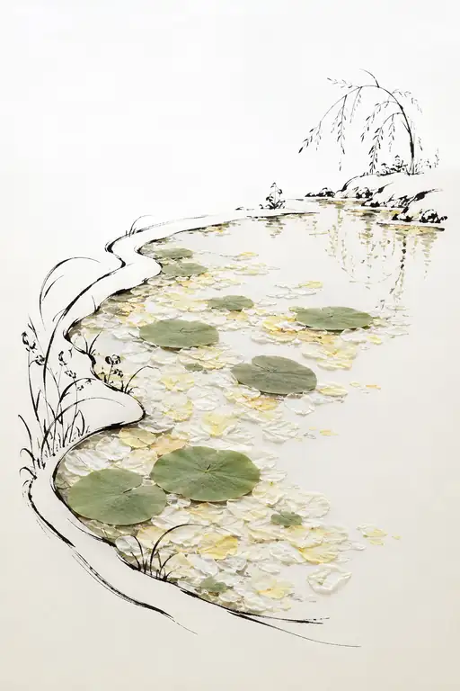柳影ゆれる白花の水面