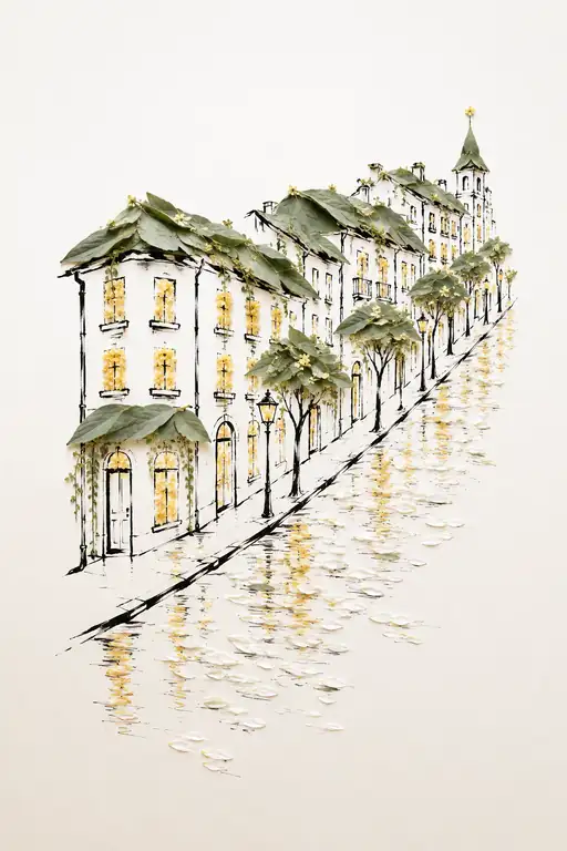 Golden Lights Ascending the Rain-Washed Hill