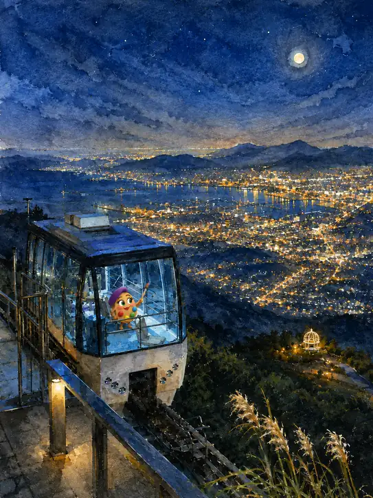 月夜の街に絵筆をかざす小さな旅人