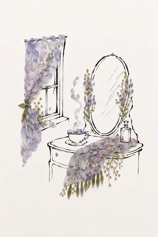 Vanity in Lilac Petals and the Steaming Cup
