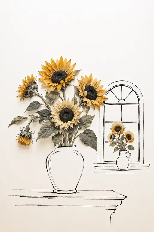 Sunflowers in Bloom and Their Mirrored Echo