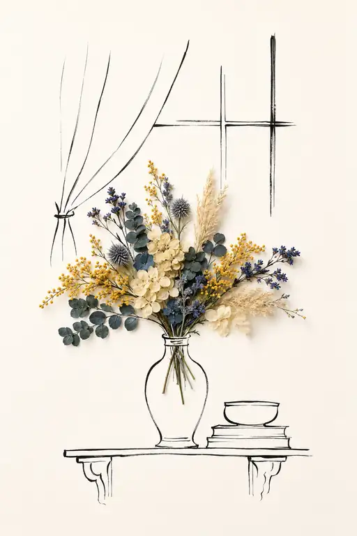 Yellow Flora and Thistles by the Window Drapery