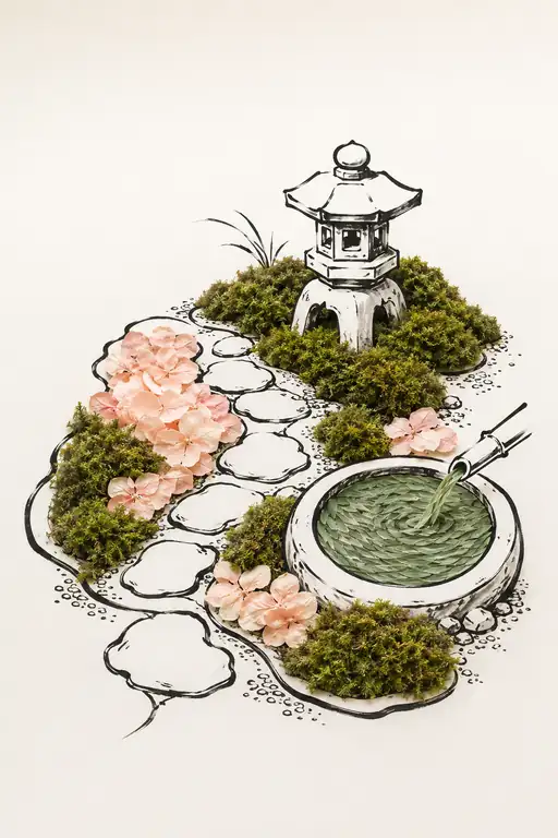 Stone Lantern and Flowing Water in the Moss Garden
