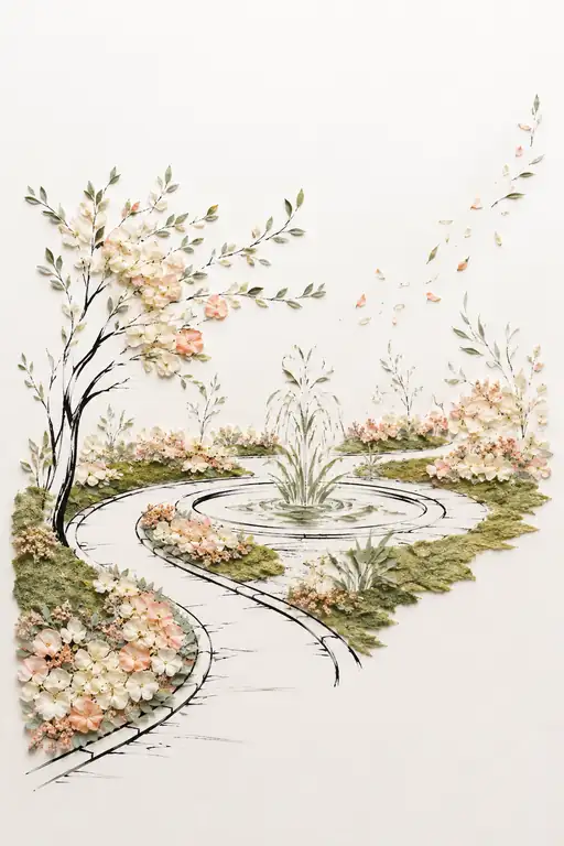 Garden Fountain and Whispering Petals in the Wind