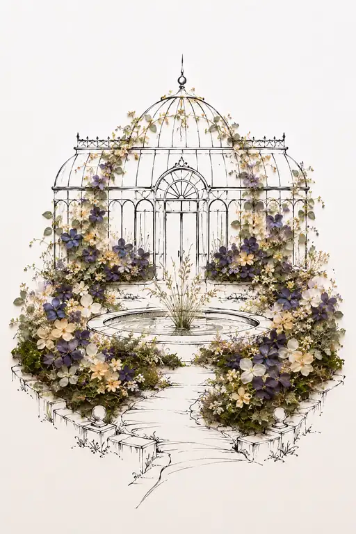 Glass Conservatory Gilded in Violet Blossoms