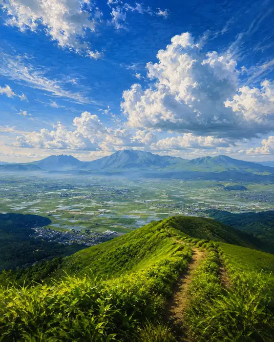 湧き立つ夏雲と碧き尾根道