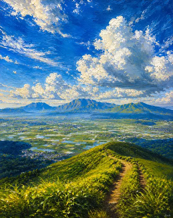 筆触躍るカルデラの峰と積乱雲
