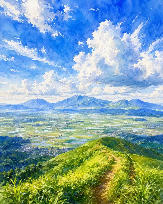 水彩の空と光風そよぐ尾根