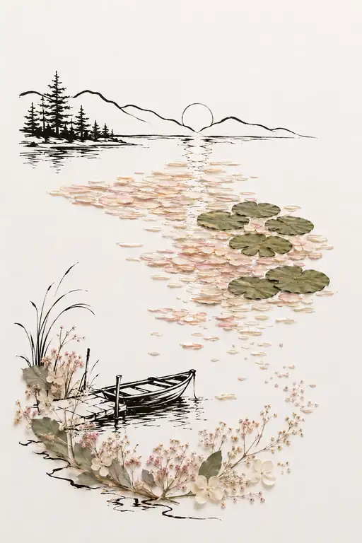 朝日の道と花浮かぶ湖畔の舟