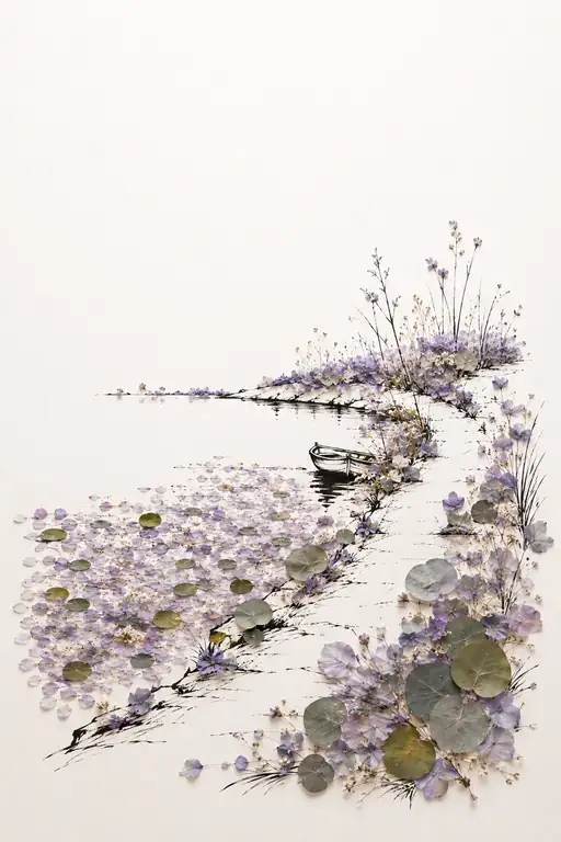 薄紫の花弁敷く入江の小舟