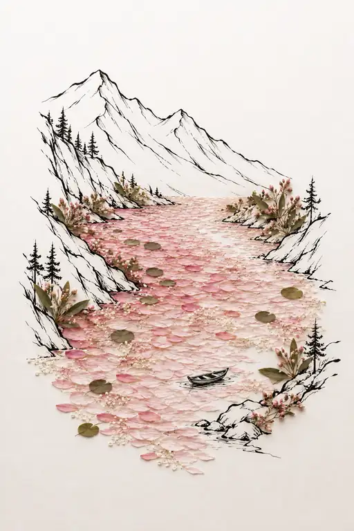 薔薇色の花筏広がる山峡の小舟