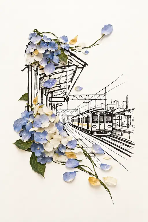 朝露の紫陽花と定刻の列車
