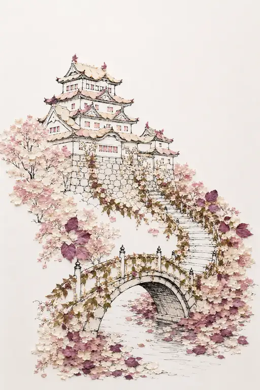 Castle Ascent Through Petal-Strewn Waters