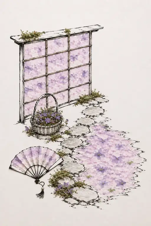Stream of Violet Petals by the Shoji Screen