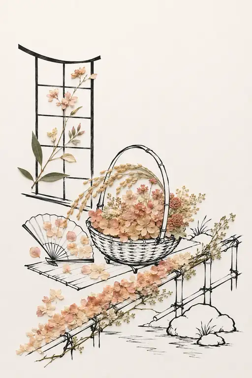 Harvest Basket and Peach Blossoms on the Veranda