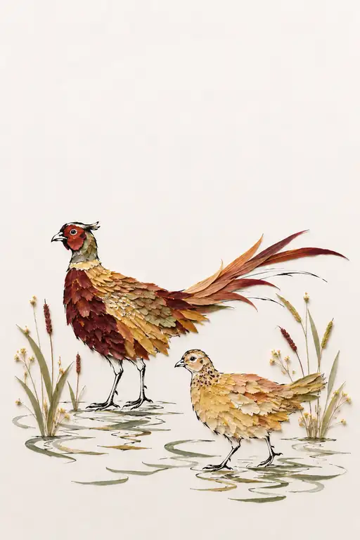 秋草の水辺に佇む雉のつがい