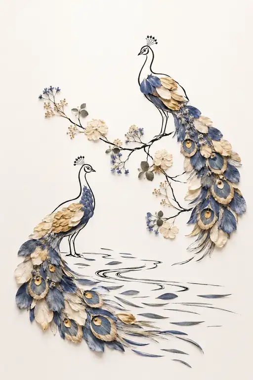 Cascades of Blue Feathers and Blossom Boughs