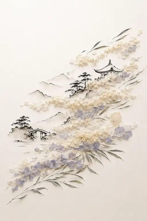 紫陽花の花雲が導く山上の楼閣