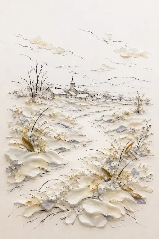 白花の花雪と灯火まどろむ冬の村